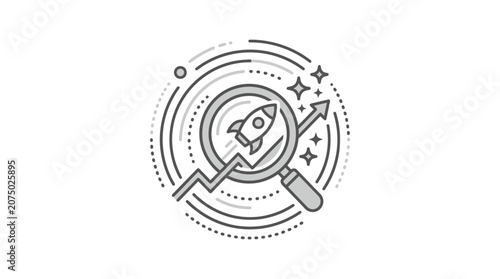Magnifying glass over rocket and stars startup growth analysis.