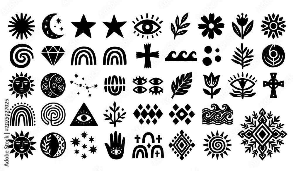 Fototapeta premium Abstract Linocut Geometric Symbols Vector Set with Primitive Folk Cutout Icons