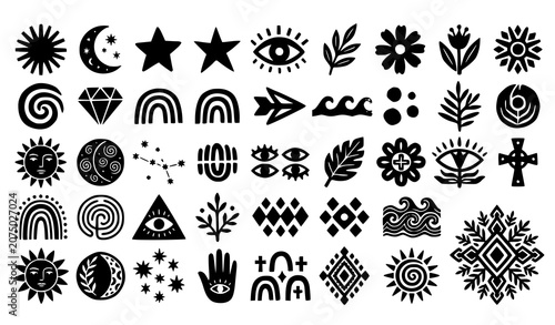 Konstfotografi Modern Primitive Folk Icon Collection with Black Linocut Geometric Vector Shapes