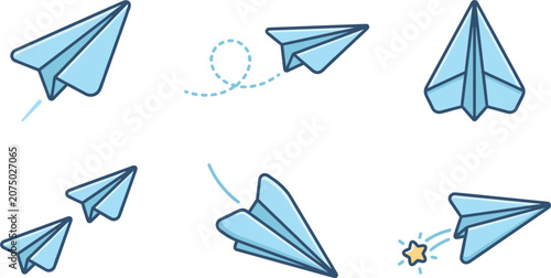 PrintBlue Paper Plane Icon Set Featuring Flight Paths and Star Details for Creative Business Startups and Marketing Projects