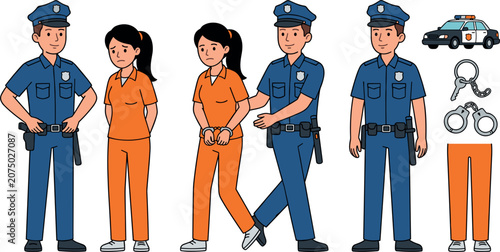 Police Officers Arresting Female Prisoner Vector Set with Handcuffs Cop Car and Jail Jumpsuit Icons for Legal Concepts