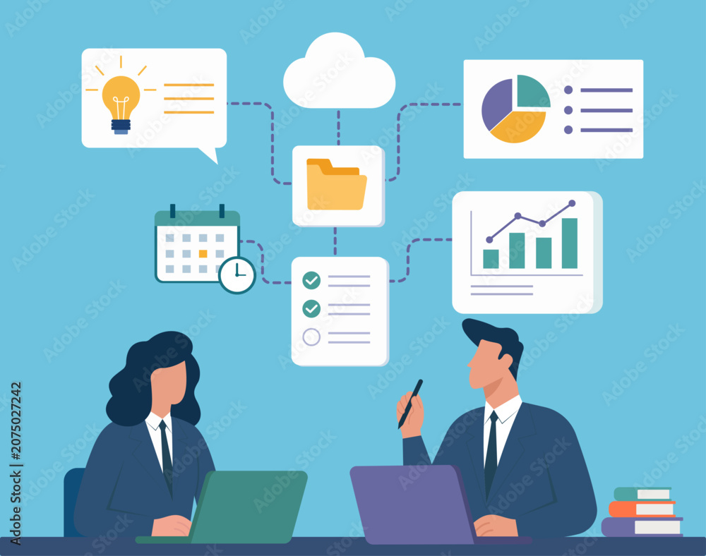 Fototapeta premium Cloud-Based Project Management & Business Data Analytics: Corporate Team Collaborating on Workflow Optimization, Digital Transformation & Strategy Planning