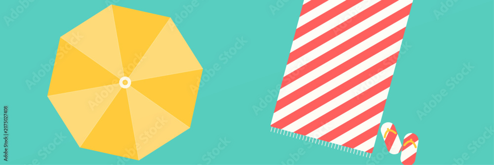 Fototapeta premium Top view of beach accessories including a yellow umbrella, a striped towel, and a pair of flip flops