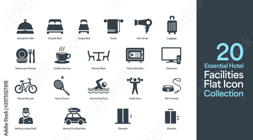 20 Hotel Facilities Flat Icons Set - Hospitality Amenities Filled Vector Collection