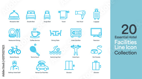 20 Hotel Facilities Line Icons Set - Hospitality Amenities Outline Vector Collection