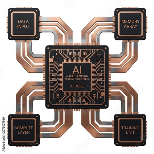 Artificial intelligence circuit board with data input and compute layer on white background