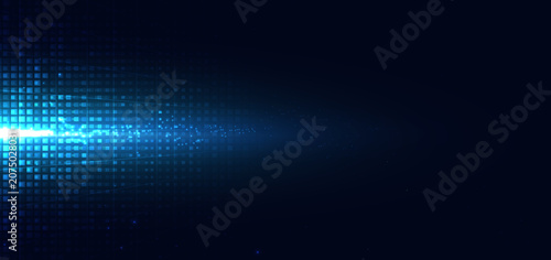 Foto Advanced technology background featuring glowing blue light beams descending over a digital grid landscape