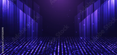Abstract technology background featuring glowing purple data streams, digital wave patterns.