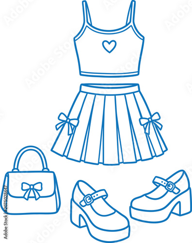 Cute girl matching clothing outfit line art vector set.