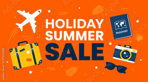 Canvas-taulu Travelers enjoy summer vacation sale with luggage and camera on sunny beach