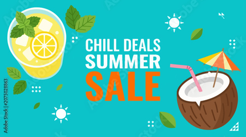 Tableau sur toile Summer sale advertisement with refreshing drinks and tropical vibes on a colorfu