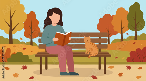 Woman and cat reading on a park bench in an autumn landscape illustration