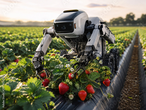 Robot Harvester Working in Strawberry Row