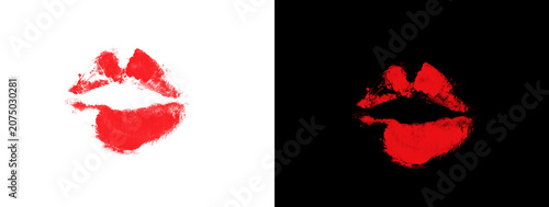 Schilderij op canvas Bright Red Puckered Lip Print Kiss Mark Icon on White and Black Background