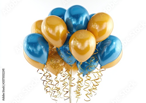 A vibrant bouquet of blue and gold balloons with curling ribbons.