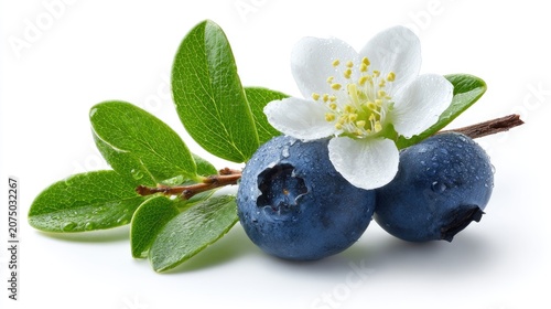 Fresh Ripe Blueberries with Green Leaves and White Flower on Branch.