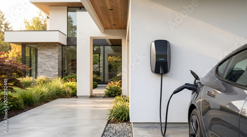 Electric vehicle charging station mounted on modern house exterior with car plugged in