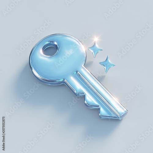 Shiny Blue Key with Sparkles on a Light Gray Background.