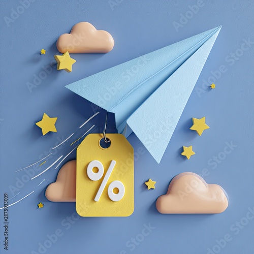 Paper Airplane Soaring with a Discount Tag and Clouds.