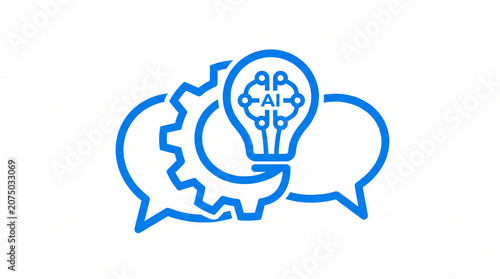 Modern monoline vector icon of interlocking speech bubbles with gear and light bulb