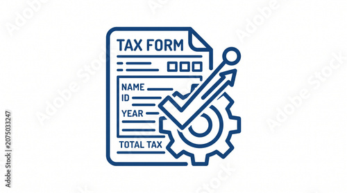 Modern monoline vector icon of tax form document with gear and checkmark