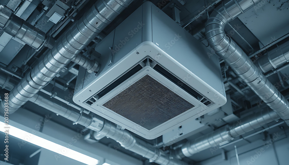 Fototapeta premium Air conditioning unit with metal ducts and pipes in industrial setting with ventilation system components