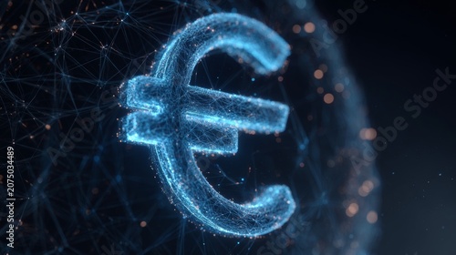 Digital representation of euro symbol with blue interconnected nodes and lines in a dark background