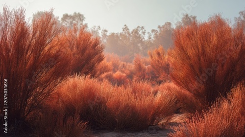 Bright orange bushes fill a wide area with warm colors in the early morning light near a forest