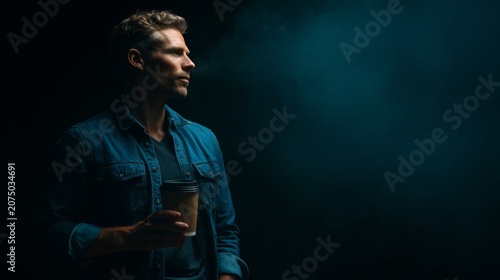 Man holding coffee cup stands in dark room while steam rises, deep in thought