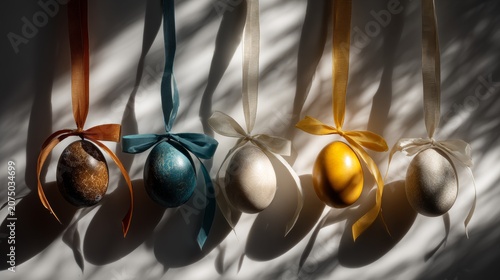 Colorful decorative eggs hang on ribbons in a bright room with shadows creating patterns on the wall