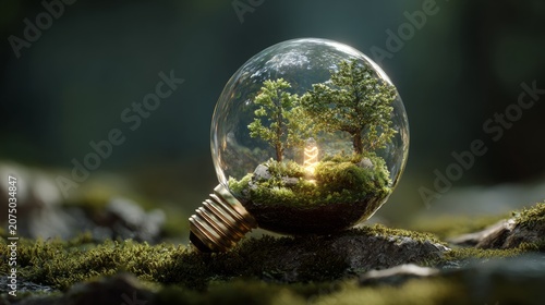 Light bulb with a miniature forest inside sits on a bed of moss in a dreamy setting during daylight