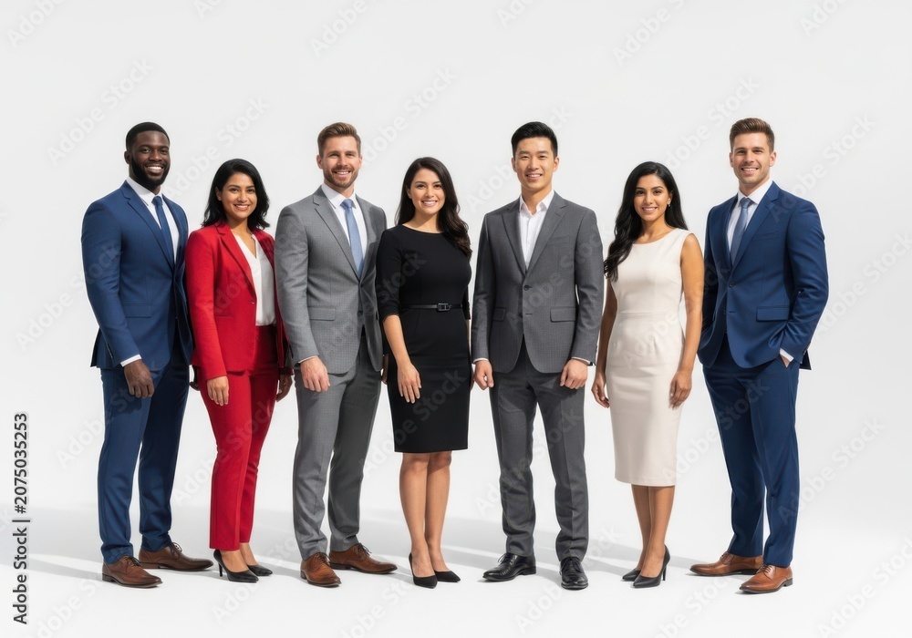 Obraz premium Group of six diverse professionals standing together in business attire