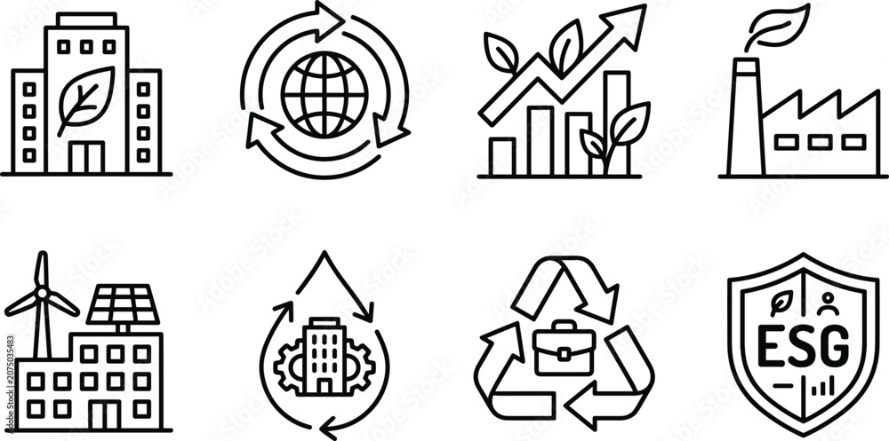 Fototapeta premium Green Corporate ESG Environment Icon Set with Sustainable Recycle Symbols for Eco Business Websites and Financial Apps