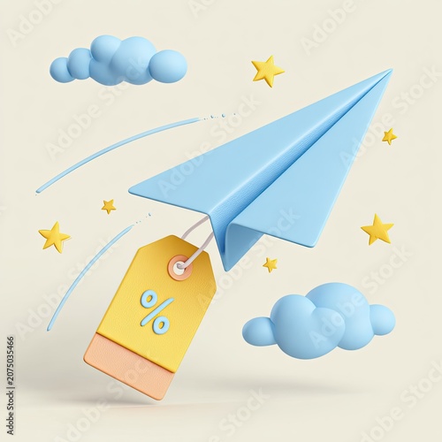 3D Paper Airplane with Discount Tag Flying Through Clouds and Stars.