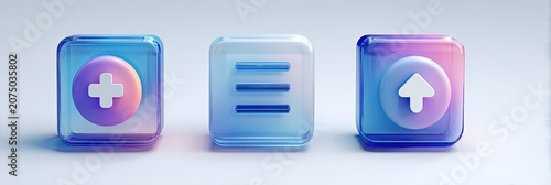 Three translucent glass icons with glowing symbols representing add, menu, and upload functions.