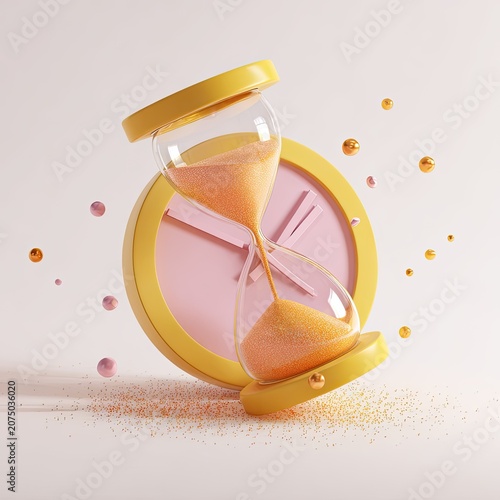 Stylized 3D Rendering of an Hourglass with a Clock Face.