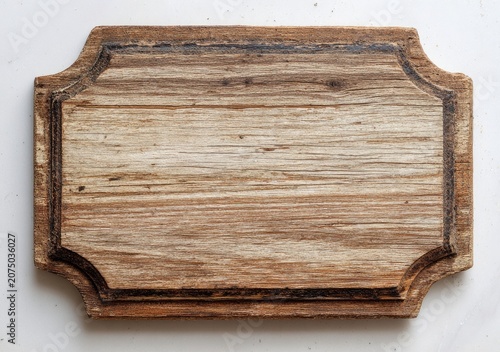 Rustic Wooden Sign with Ornate Edges on White Background.