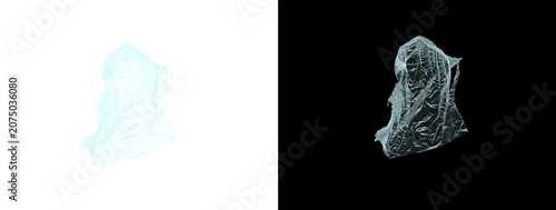 Glowing Light Blue Cyan Crumpled Metallic Foil Fragment Texture Abstract on White and Black Dual Background
