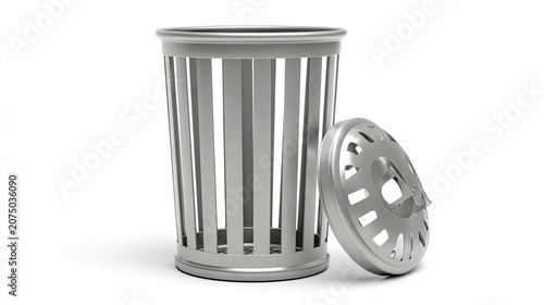 Modern Metal Trash Can with Perforated Lid Isolated on White Background.