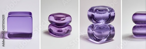 Four different purple glass objects arranged in a grid on a white background.