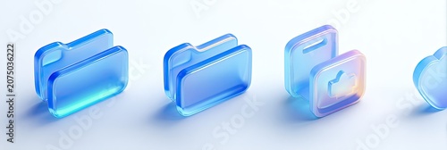 Abstract Blue Glass Folders Icons on White Background.