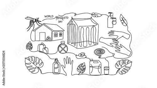 Continuous line art illustration for World Mosquito Day awareness.