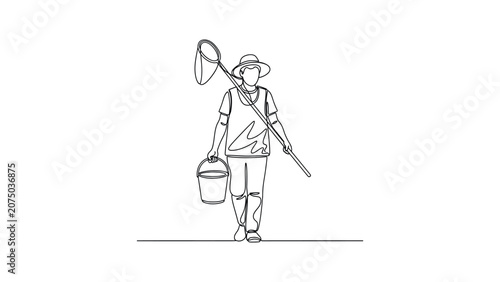 Continuous line drawing of a fisherman carrying a bucket and a net.