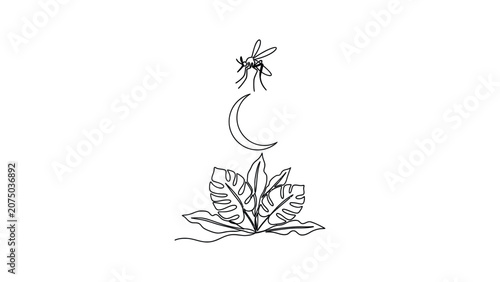 Minimalist continuous line drawing of a mosquito perched above a crescent moon and tropical leaves.