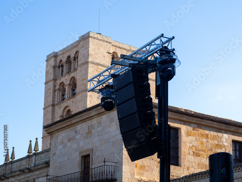 Sound equipment setup in front of zamora cathedral, spain