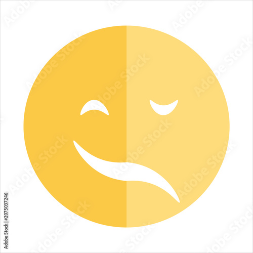 Photos A split-face yellow emoji showing a mixed expression with one side smiling and the other looking uncertain