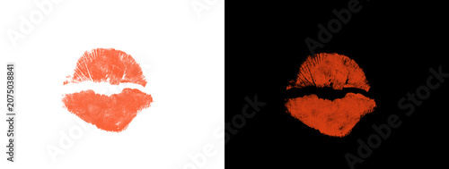 Fotografija Red Glowing Puckered Closed Lips Kiss Print Mark on Black Background