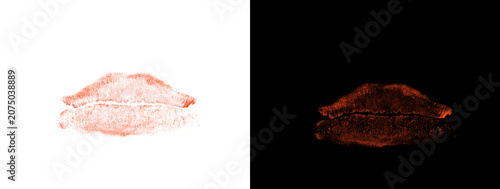 Schilderij op canvas Red Glowing Puckered Lips Kiss Print Mark on Black Background