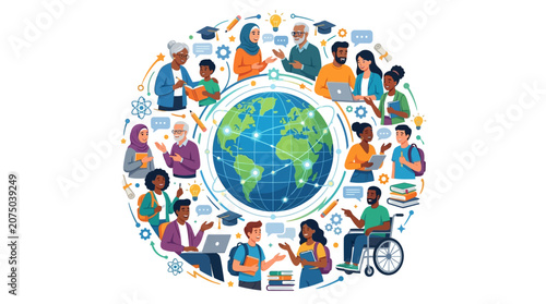 Diverse group of people studying together with global communication icons