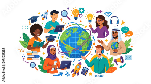 Diverse students learning with digital tools and books in global education